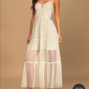 Romantic Spot Cream Polka Dot Mesh Tiered Midi Dress Lulus Cream Polka Dot S